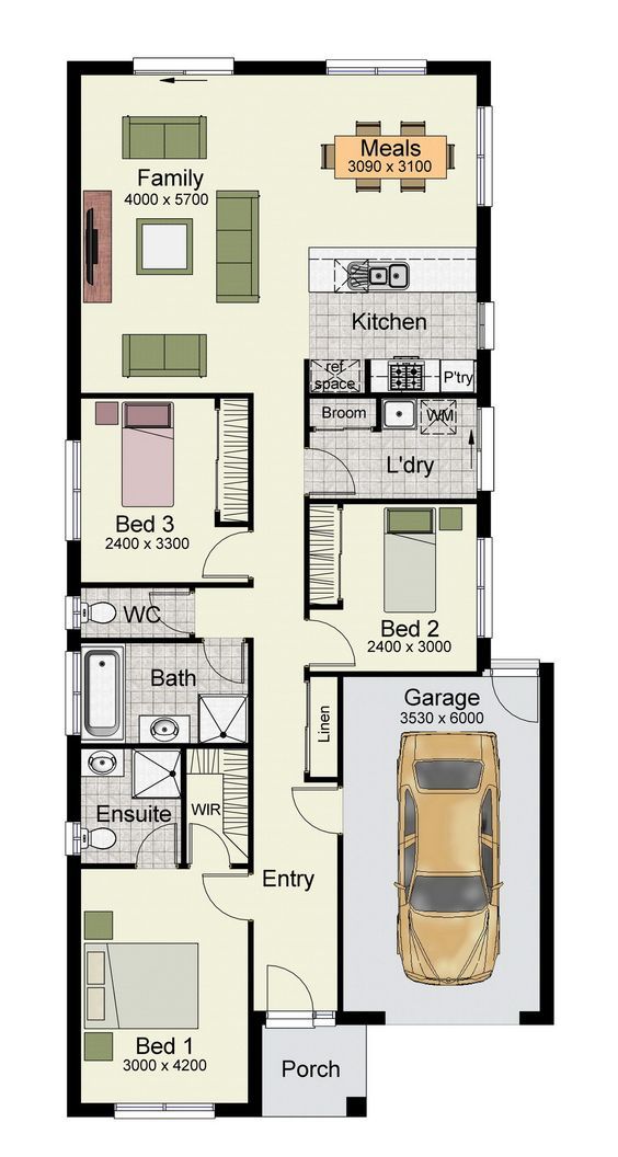 Single story home floor plan with 3 bedrooms, and 150