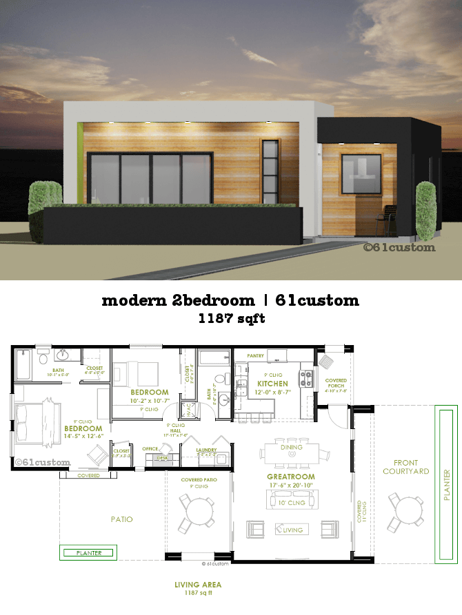 Modern 2 Bedroom House Plan 61custom Contemporary