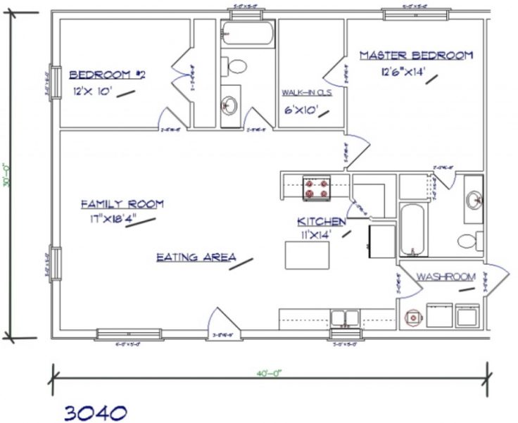 1200 sq. ft. barndominium floor plans; 2 bed, 2 bath 30