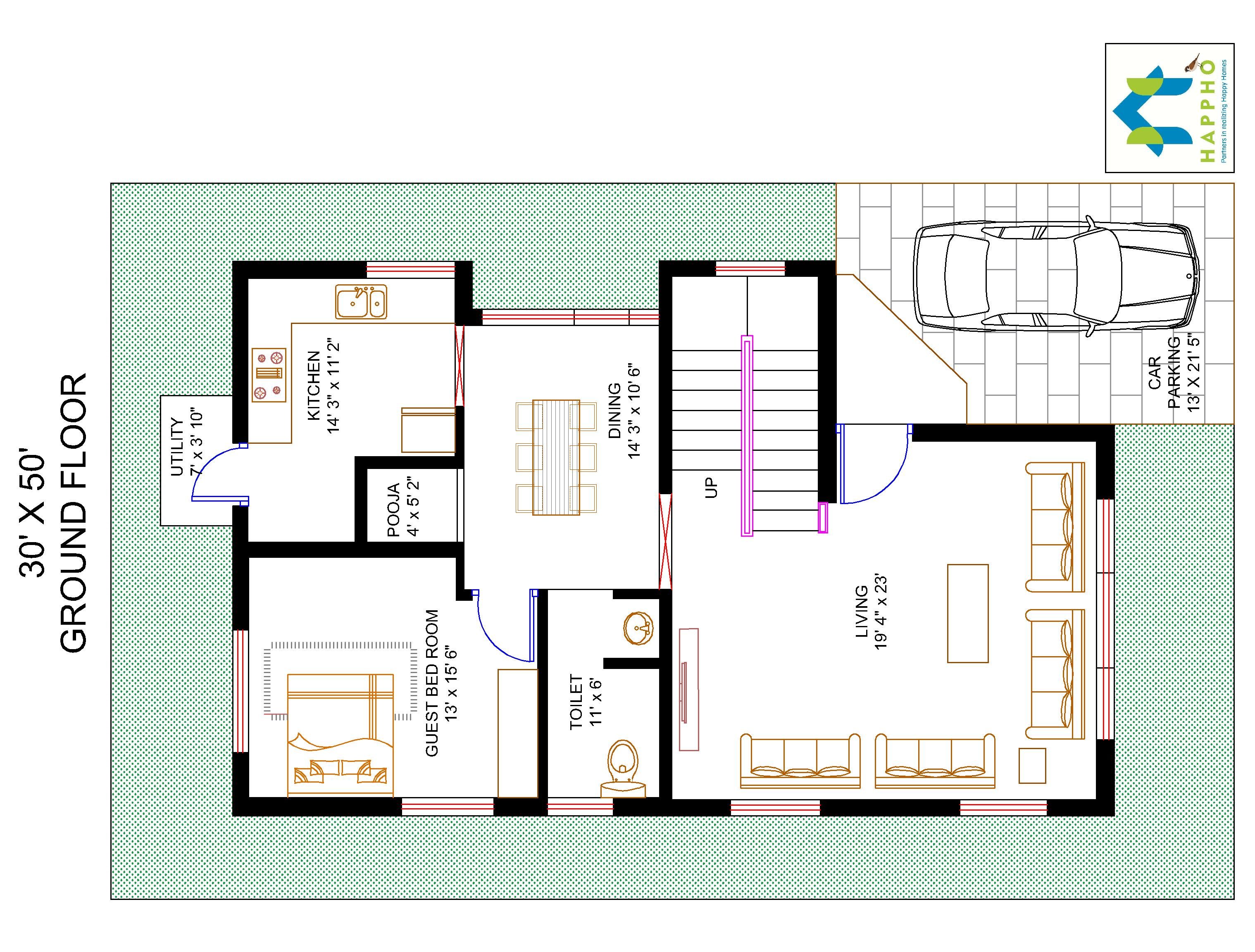 Floor Plan for 30 X 50 Plot 3BHK (1500 Square Feet/166