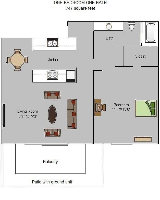 One Bedroom One Bath 747 square feet Floor Plan