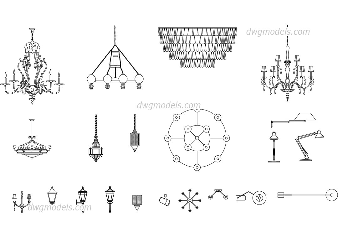 Lamps and Chandeliers free AutoCAD blocks download, DWG file