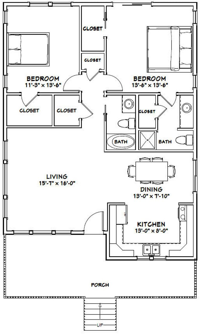 1,200 sq ft PDF Floor Plan 30x40 House Model 2B 3 Bedroom