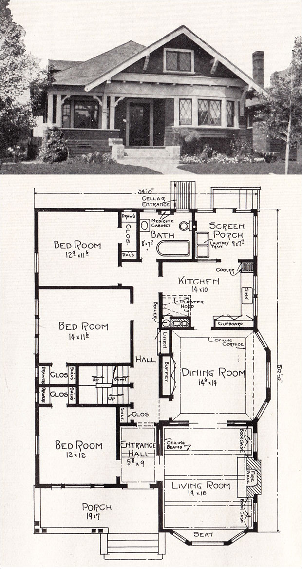Transitional Bungalow Floor Plan c 1918 Cottage House