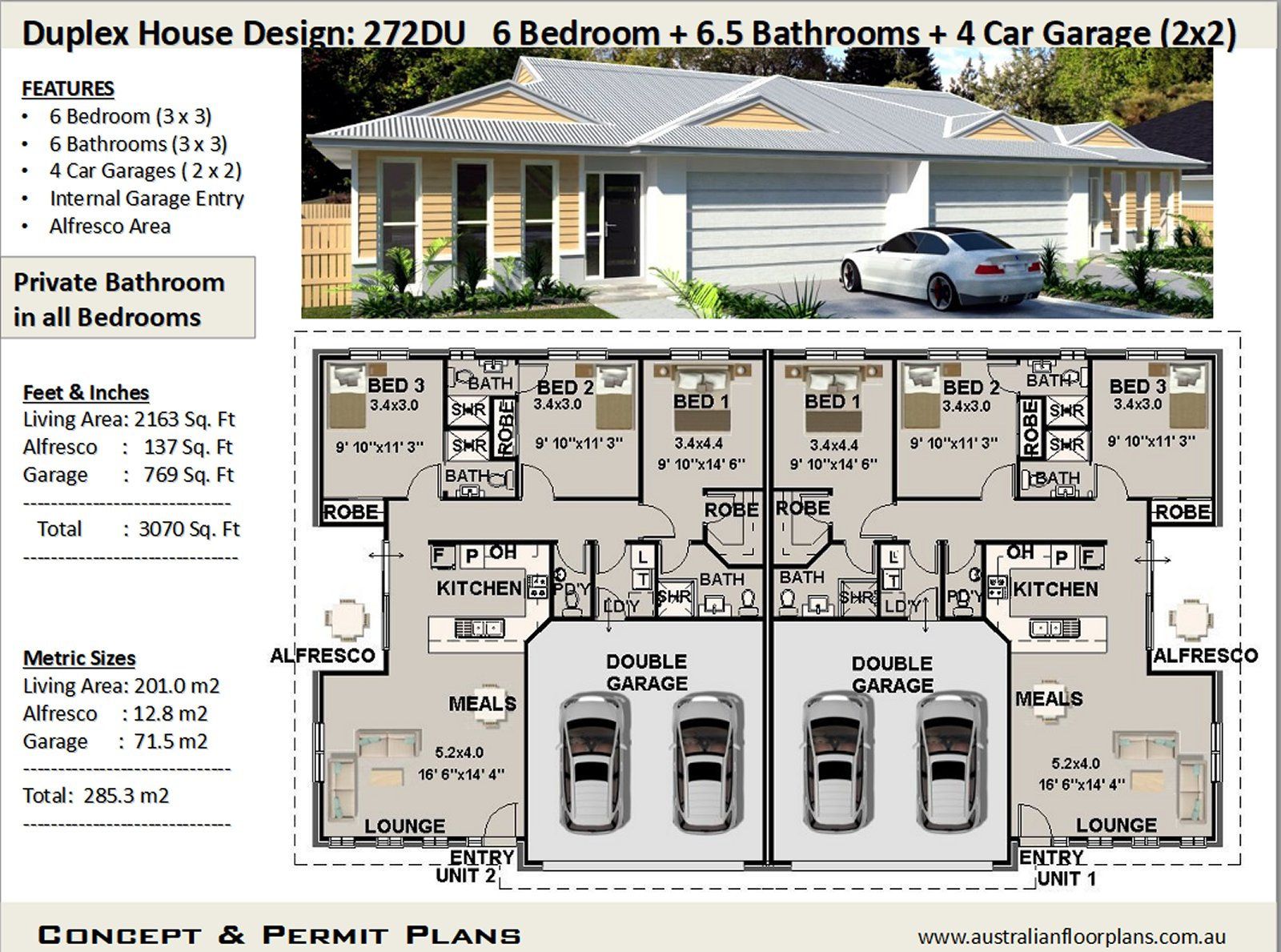 6 Bedroom duplex design 285.3 m2 or 3070 Sq Foot Private