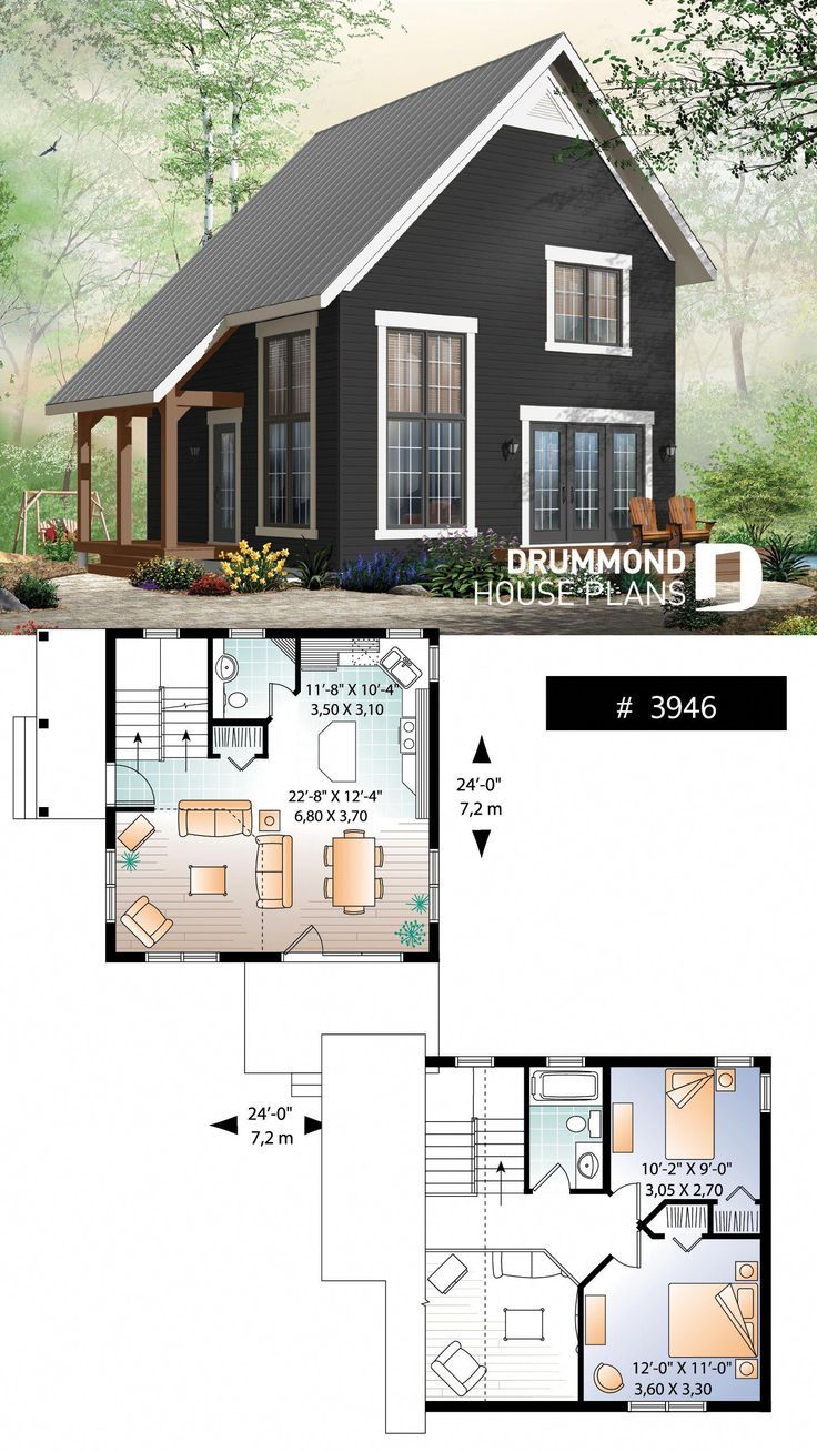 2 bedroom transitional style cottage design, with