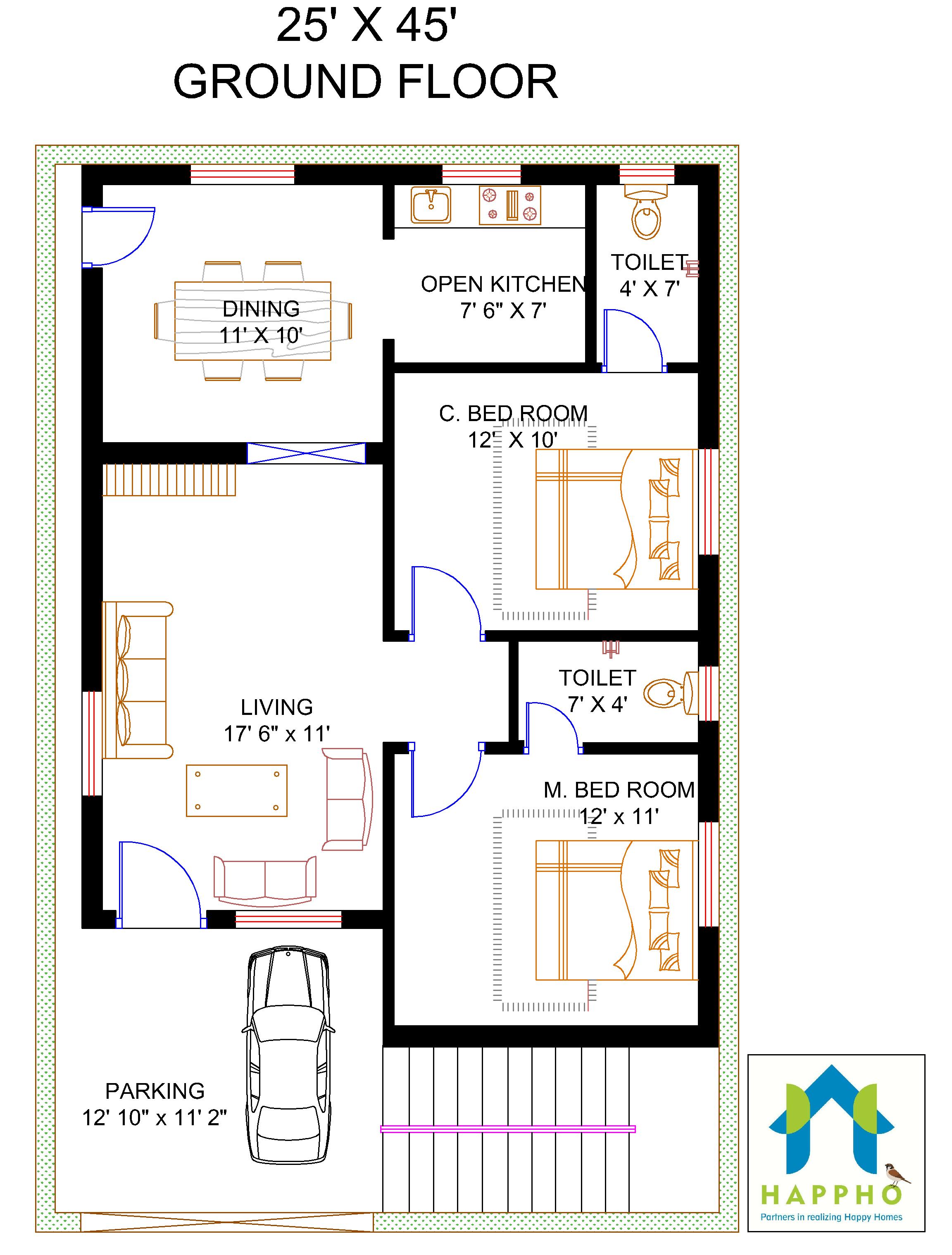 Floor Plan for 25 X 45 Feet Plot 2BHK (1125 Square Feet