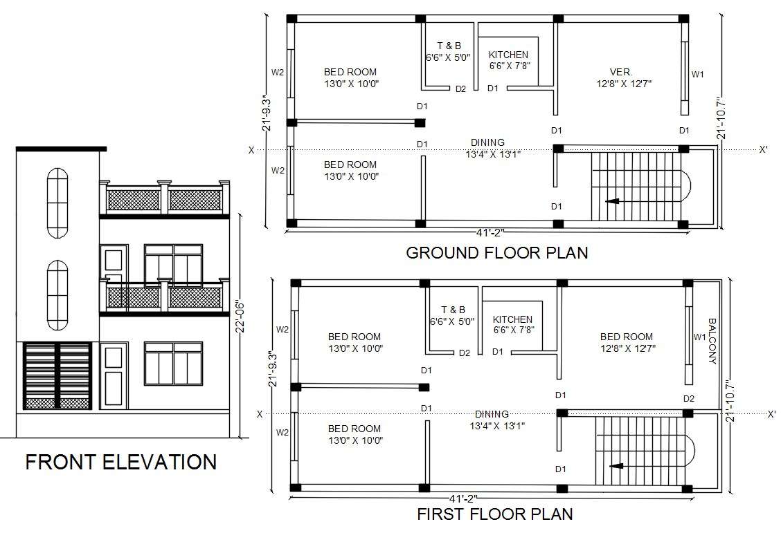2 Storey House Plan With Front Elevation design AutoCAD