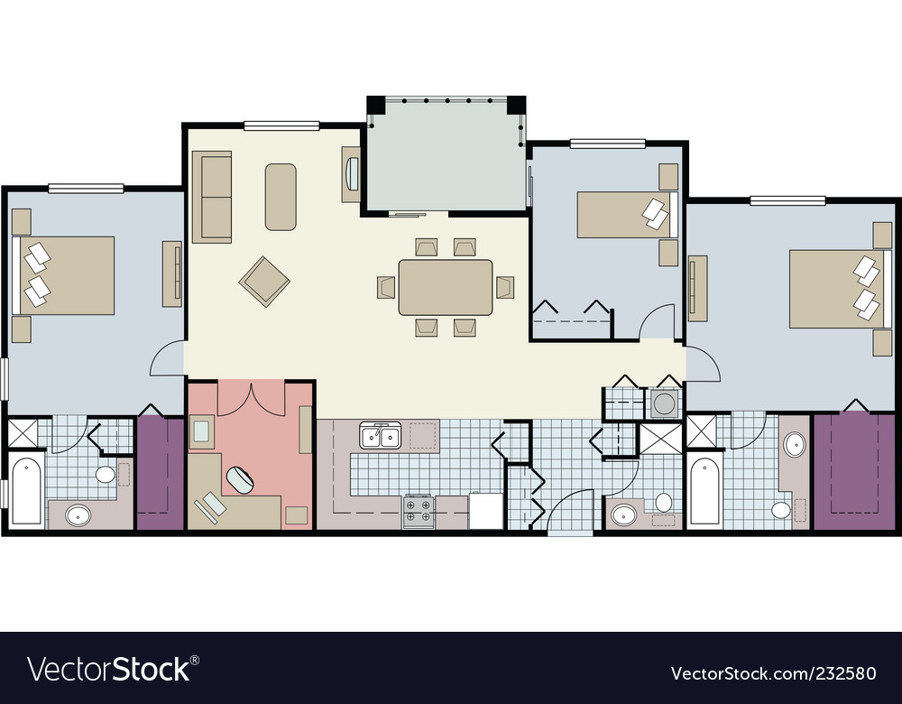 3 bed furnished floor plan Royalty Free Vector Image