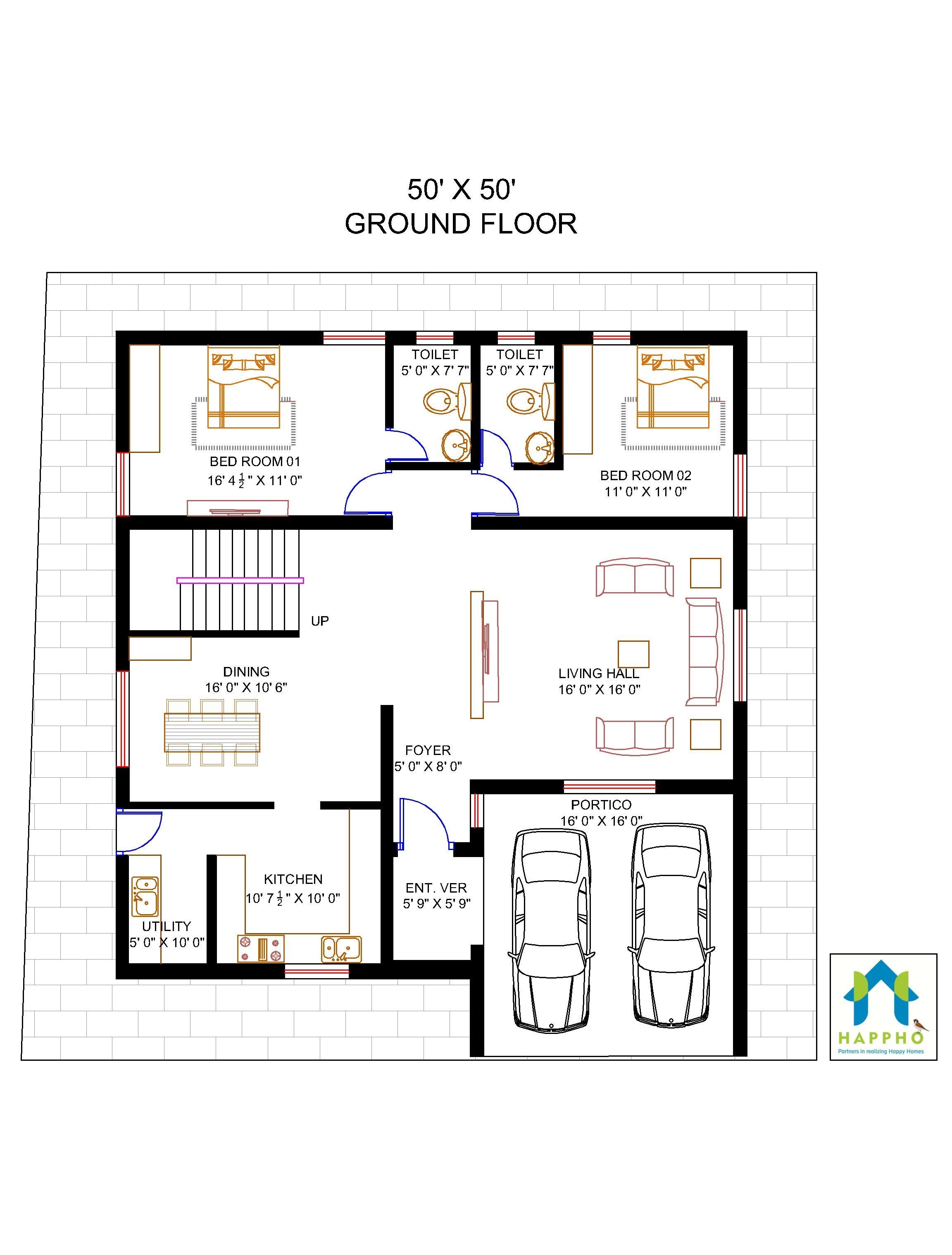 Floor Plan for 50 X 50 Plot 5BHK (2500 Square Feet/278