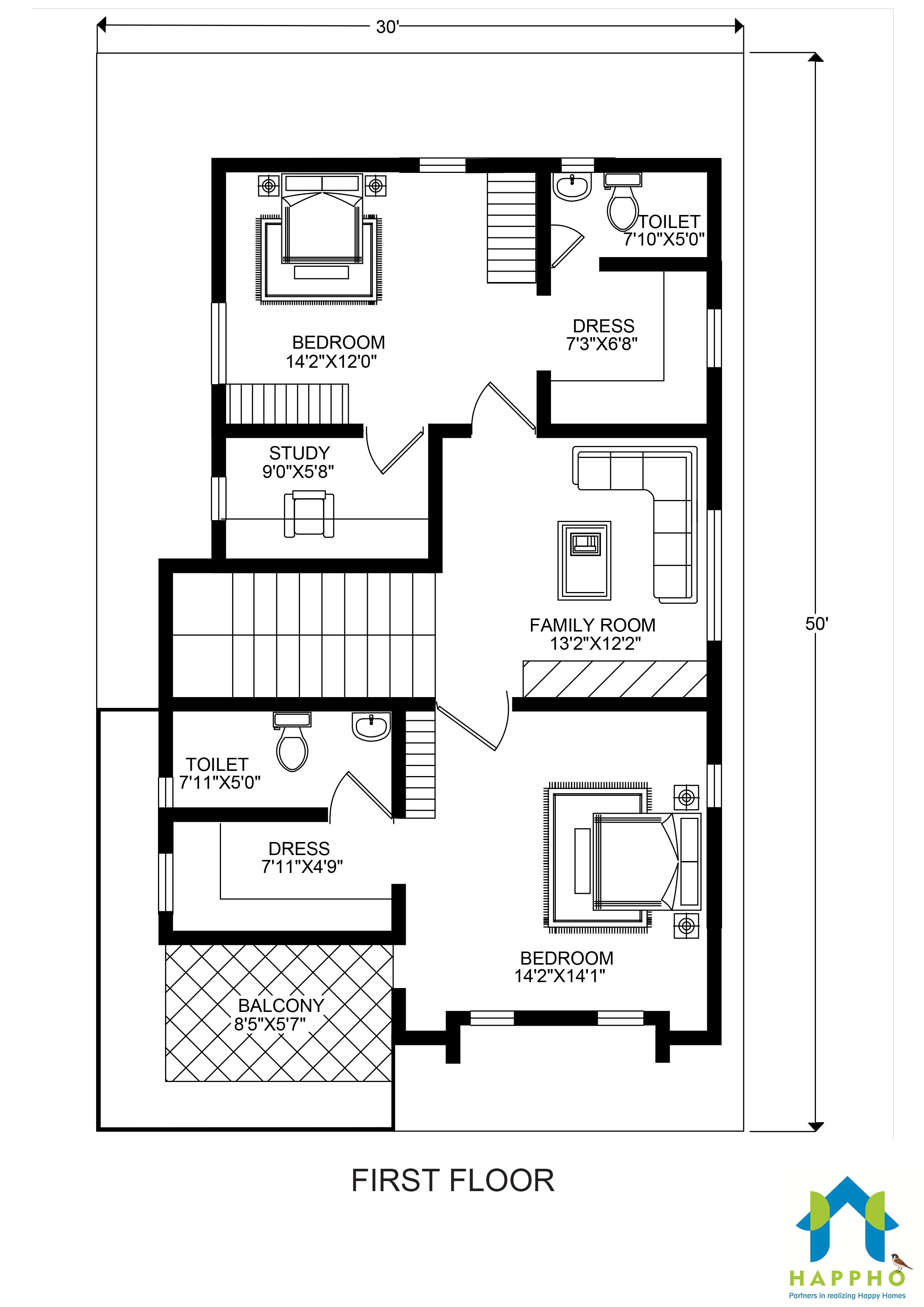 Duplex Floor Plan for 30X50 feet Plot 3BHK (1500 Sq.ft