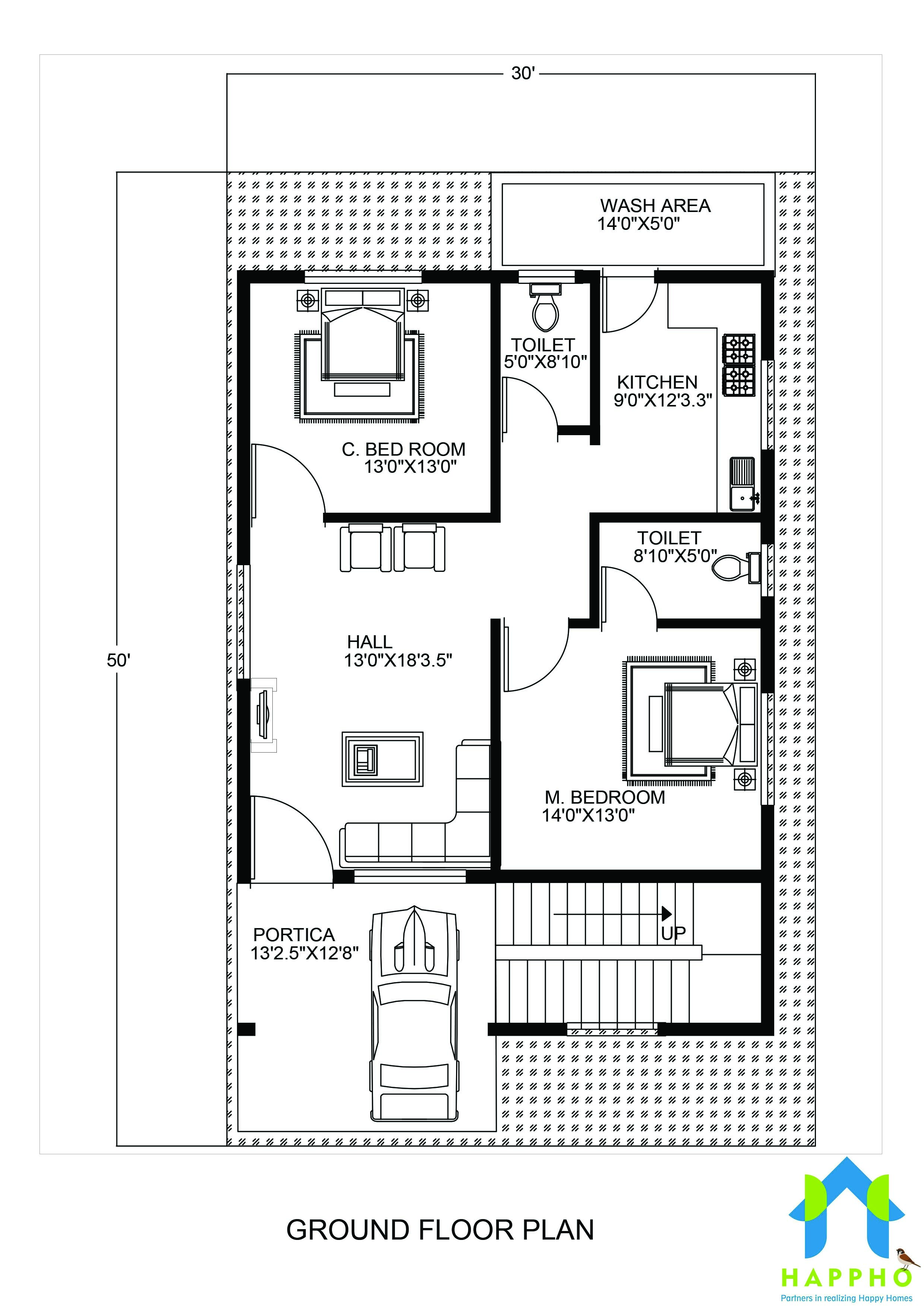 Floor Plan for 30 X 50 Feet plot 2BHK (1500 Square Feet