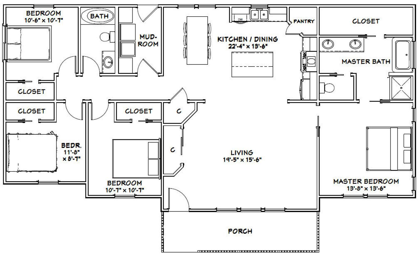 60x30 House 4Bedroom 2Bath 1800 sq ft PDF Floor Etsy