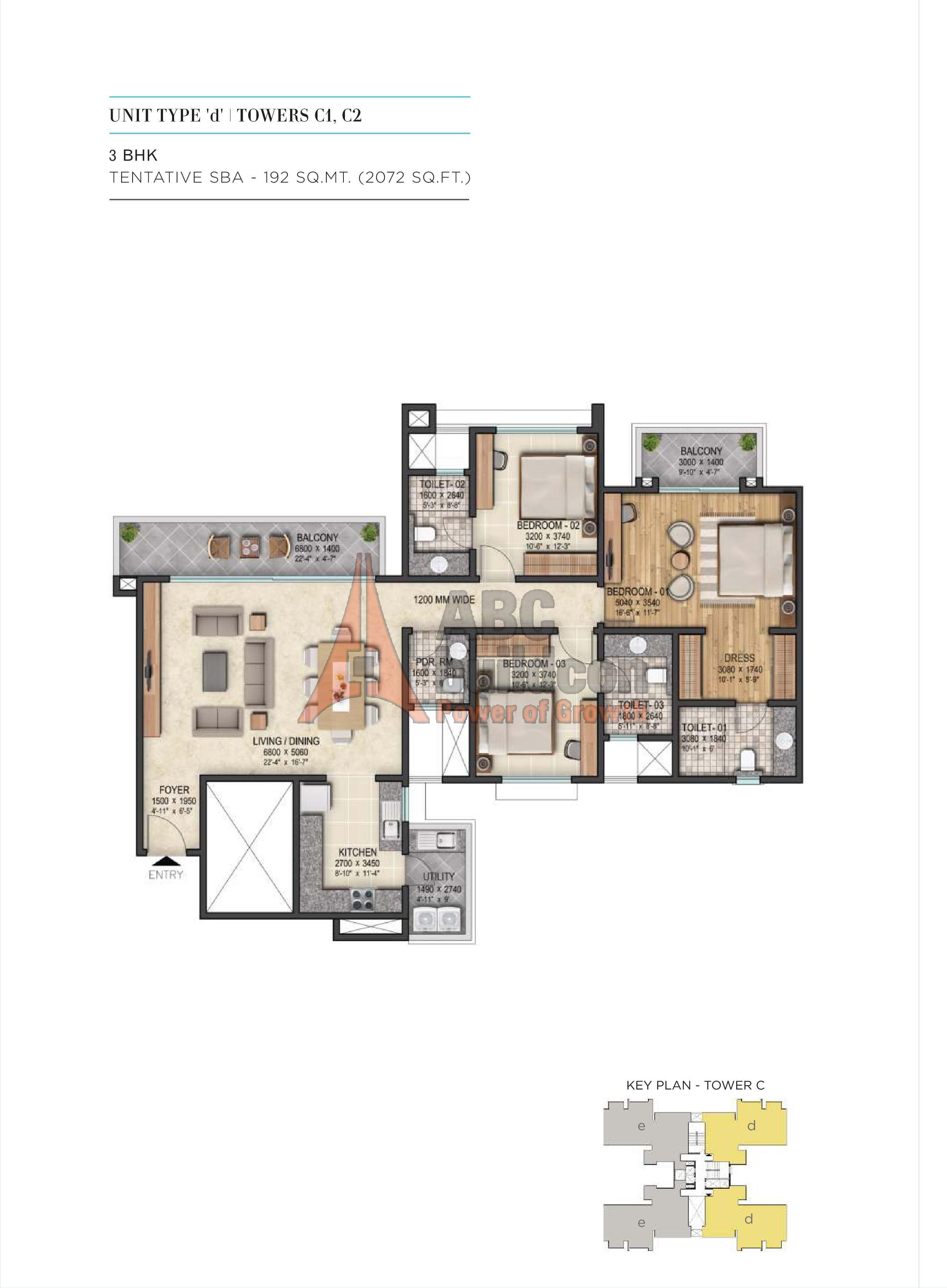 4. Sobha City Floor Plan 3 BHK + Utility 2072 Sq. Ft
