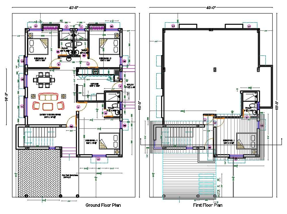 40X60 House Floor Plan With Interior Furniture Plan DWG