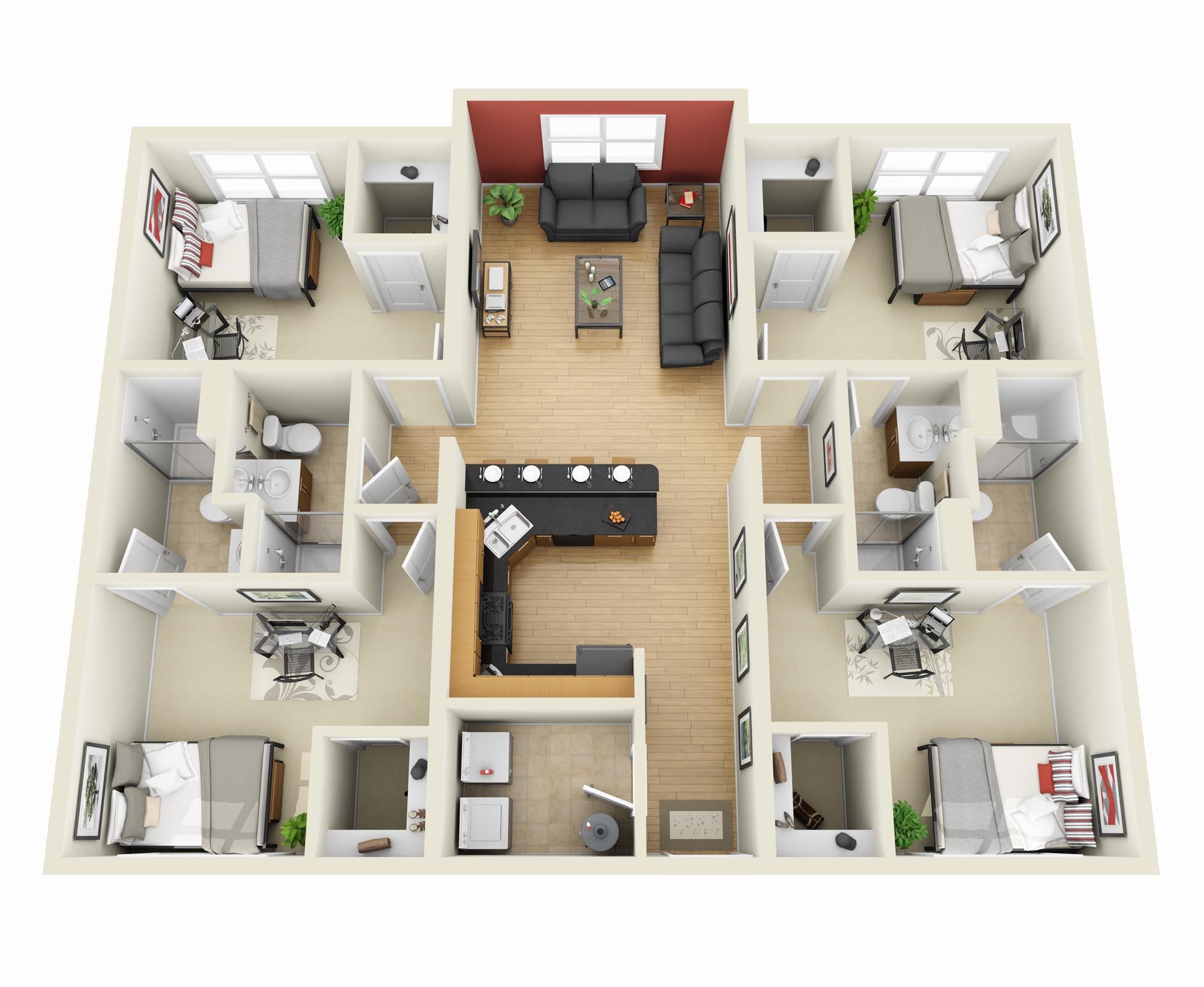 4 Bedroom Apartment/House Plans 3d house plans