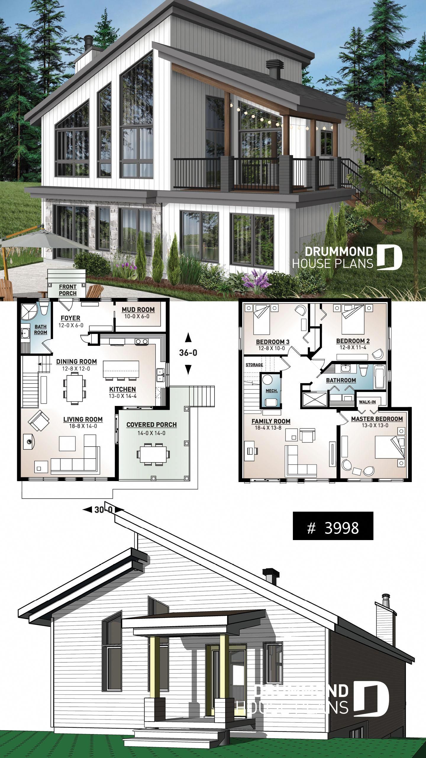 Ski or mountain cottage plan with walkout basement, large