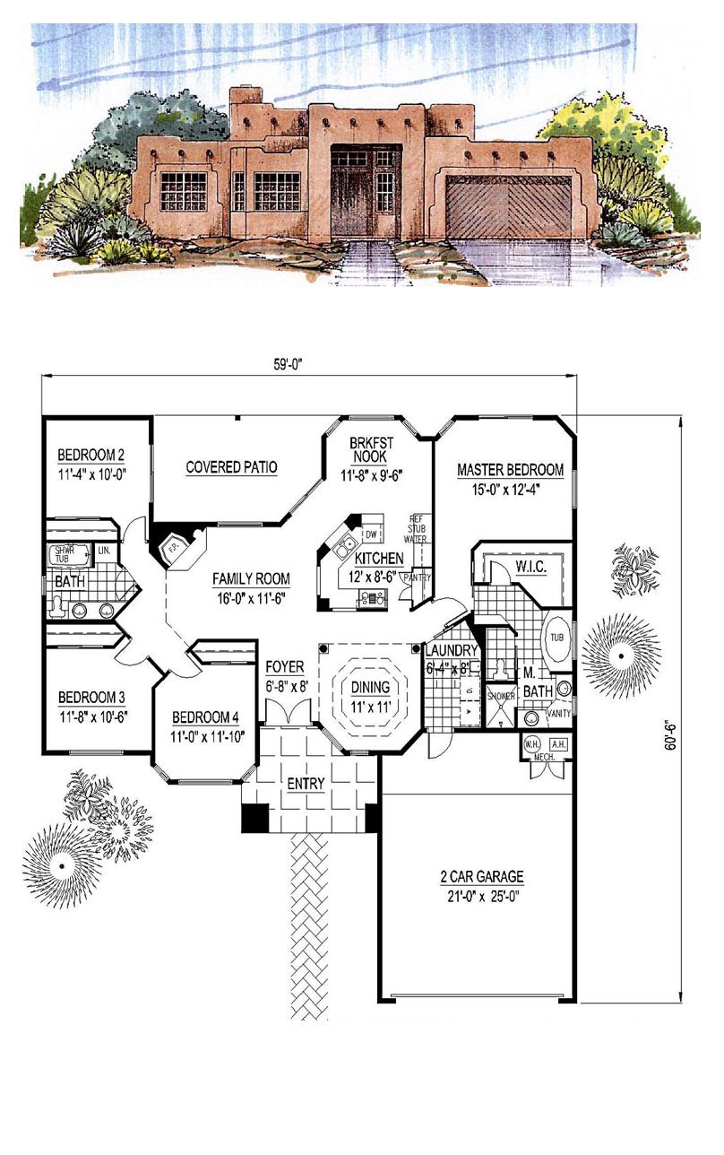 Southwest Style House Plan 54678 with 4 Bed, 2 Bath, 2 Car