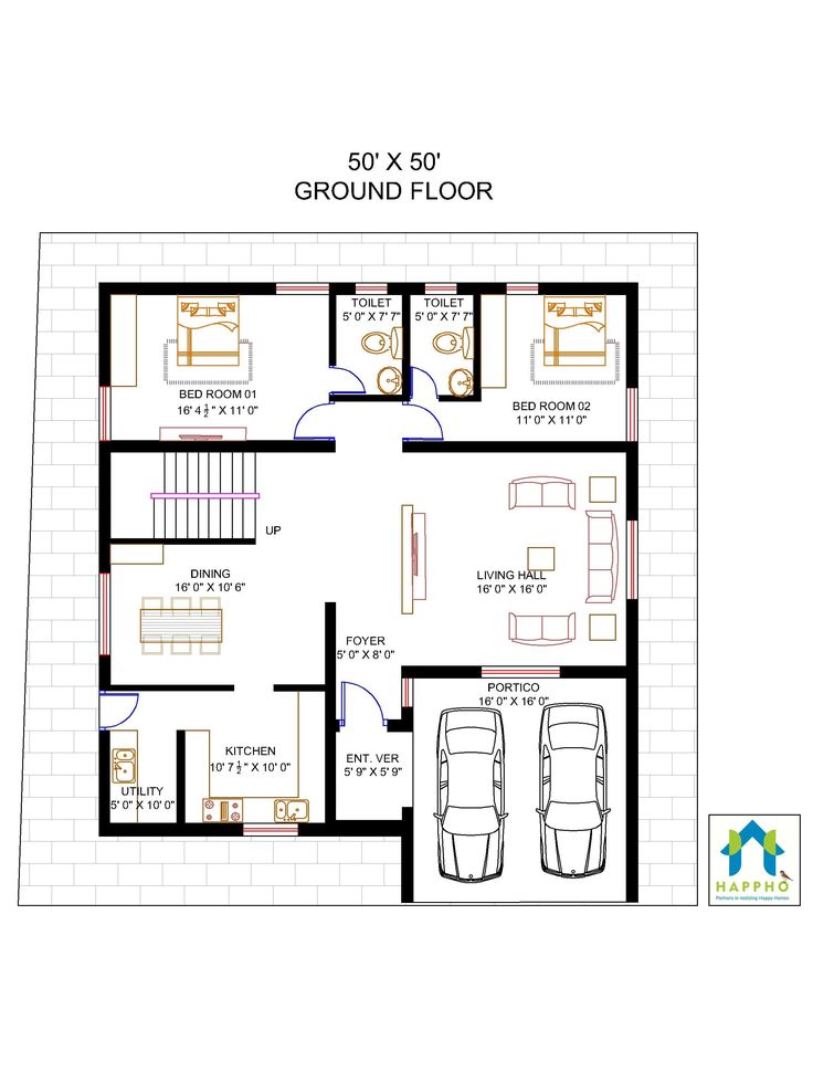 Vastu Complaint 5 Bedroom (BHK) Floor plan for a 50 X 50