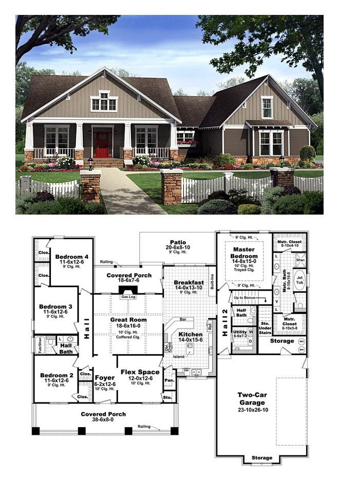 Craftsman Style House Plan 59198 with 4 Bed, 3 Bath, 2 Car