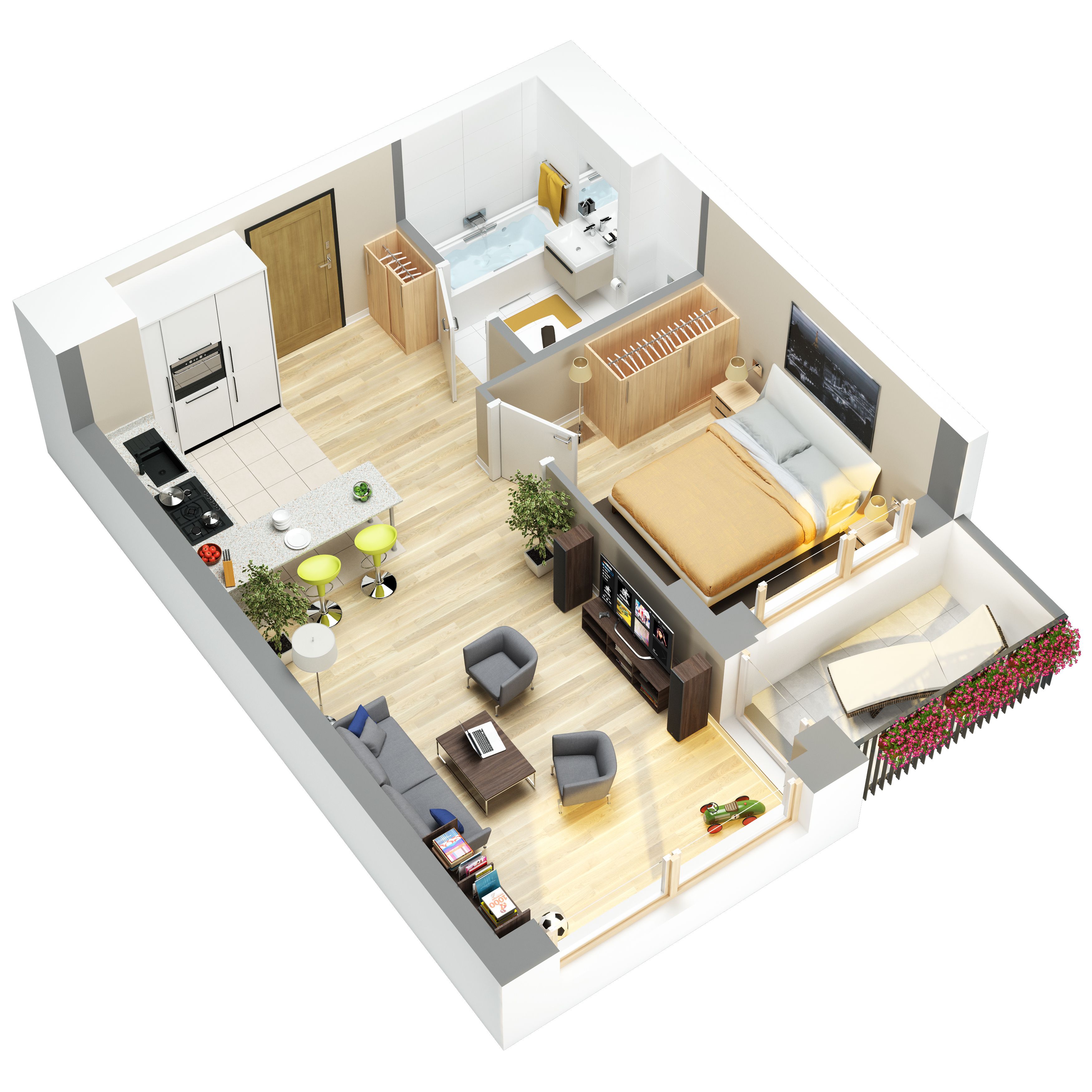 3D floor plans of flats. Bố trí mặt bằng nhà nhỏ, Căn hộ