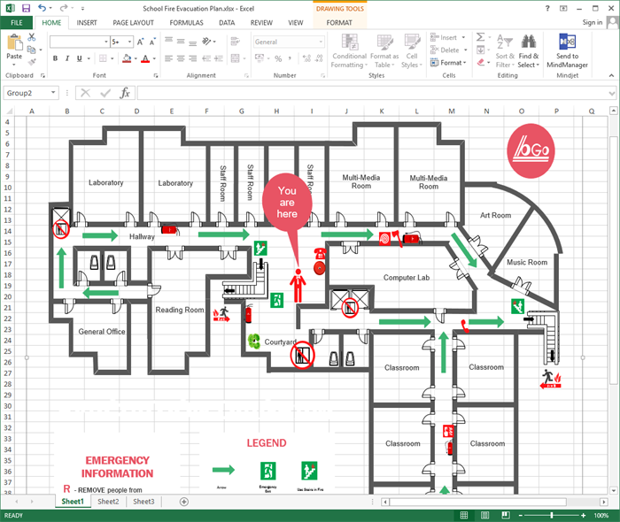 Fire escape floorplan in Excal, made by Edraw Max. The aim