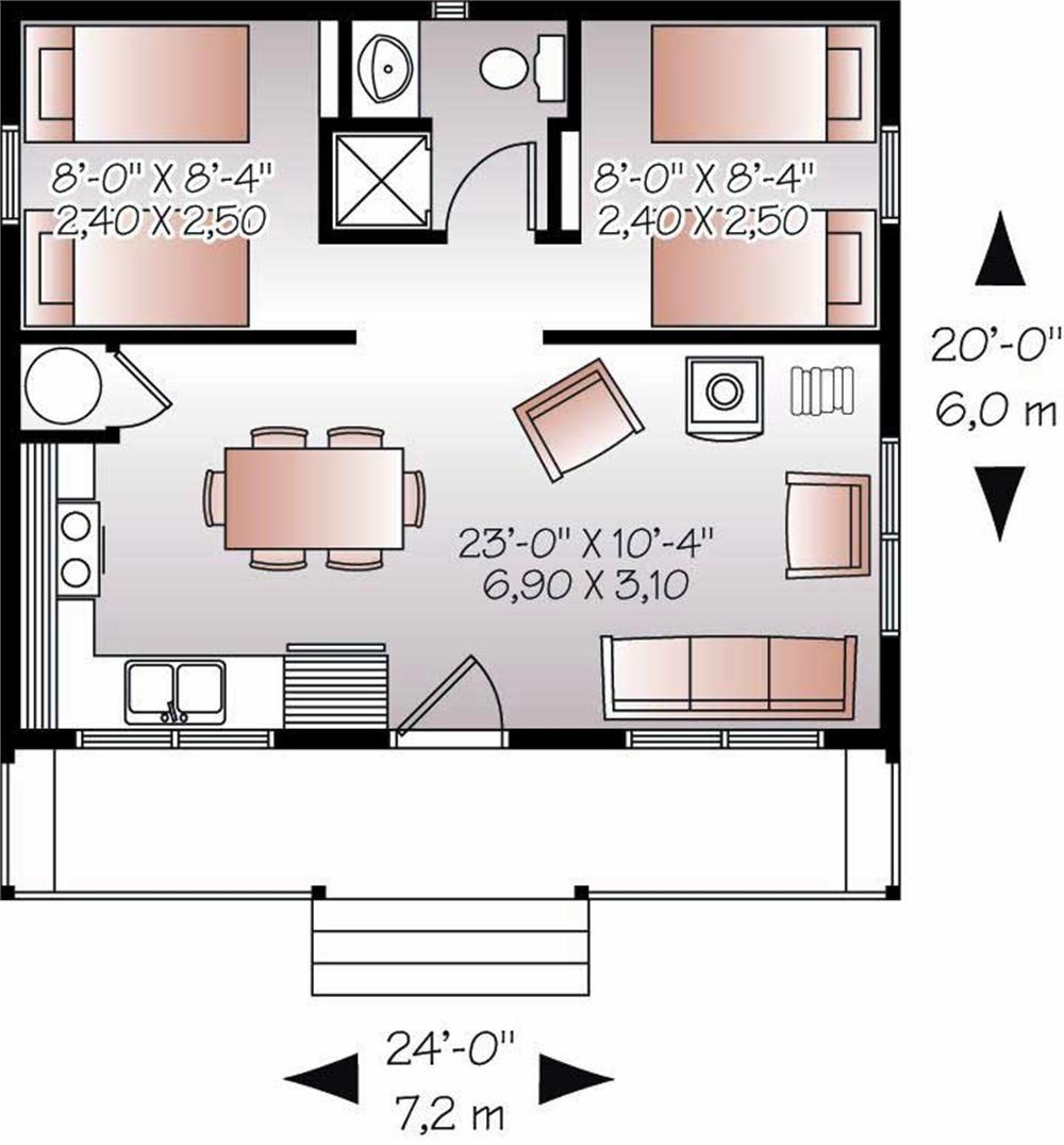 20x24' Floor plan w/ 2 bedrooms. Tiny house floor plans