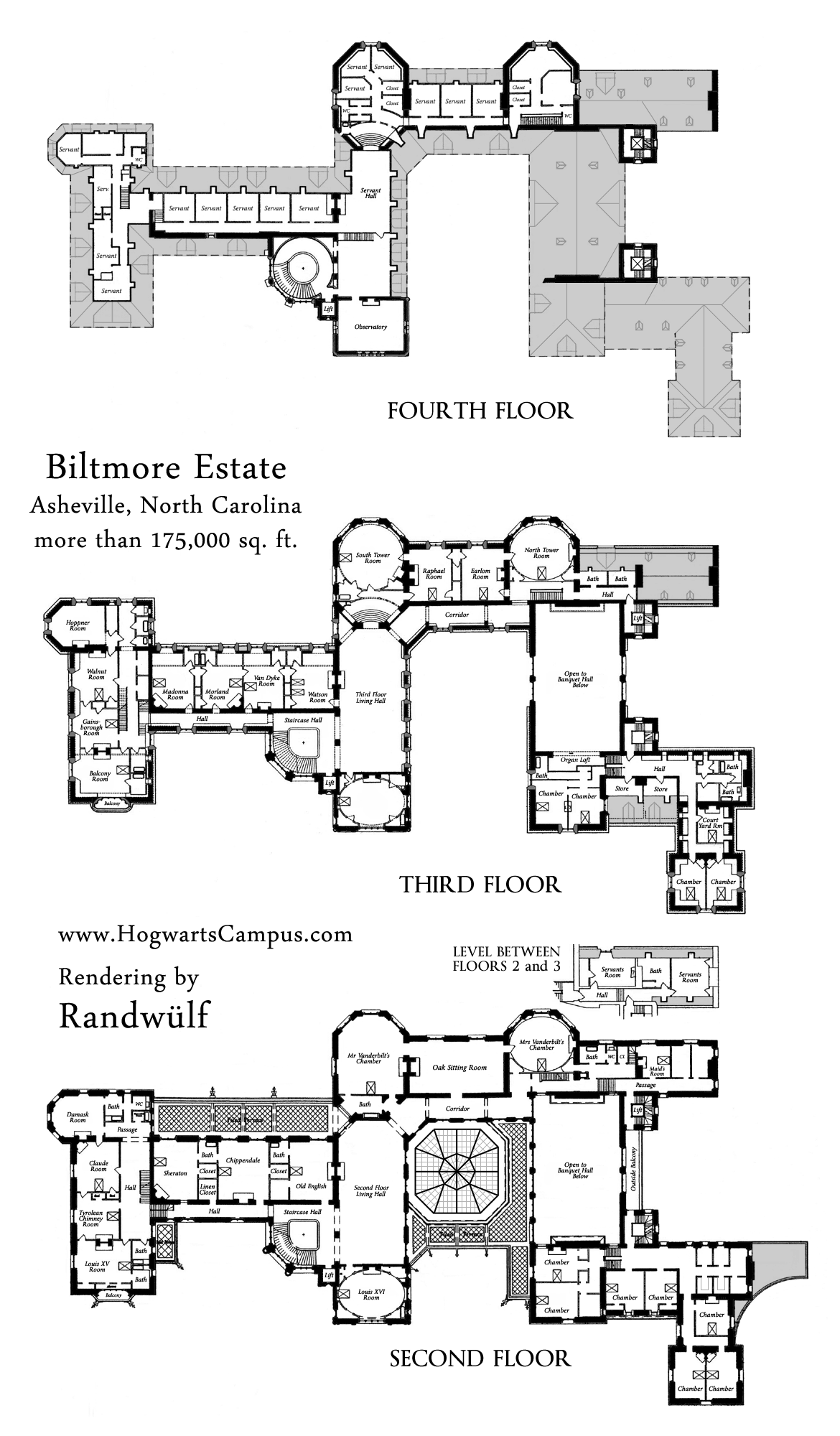 Biltmore Estate Mansion Floor Plan upper 3 floors. We