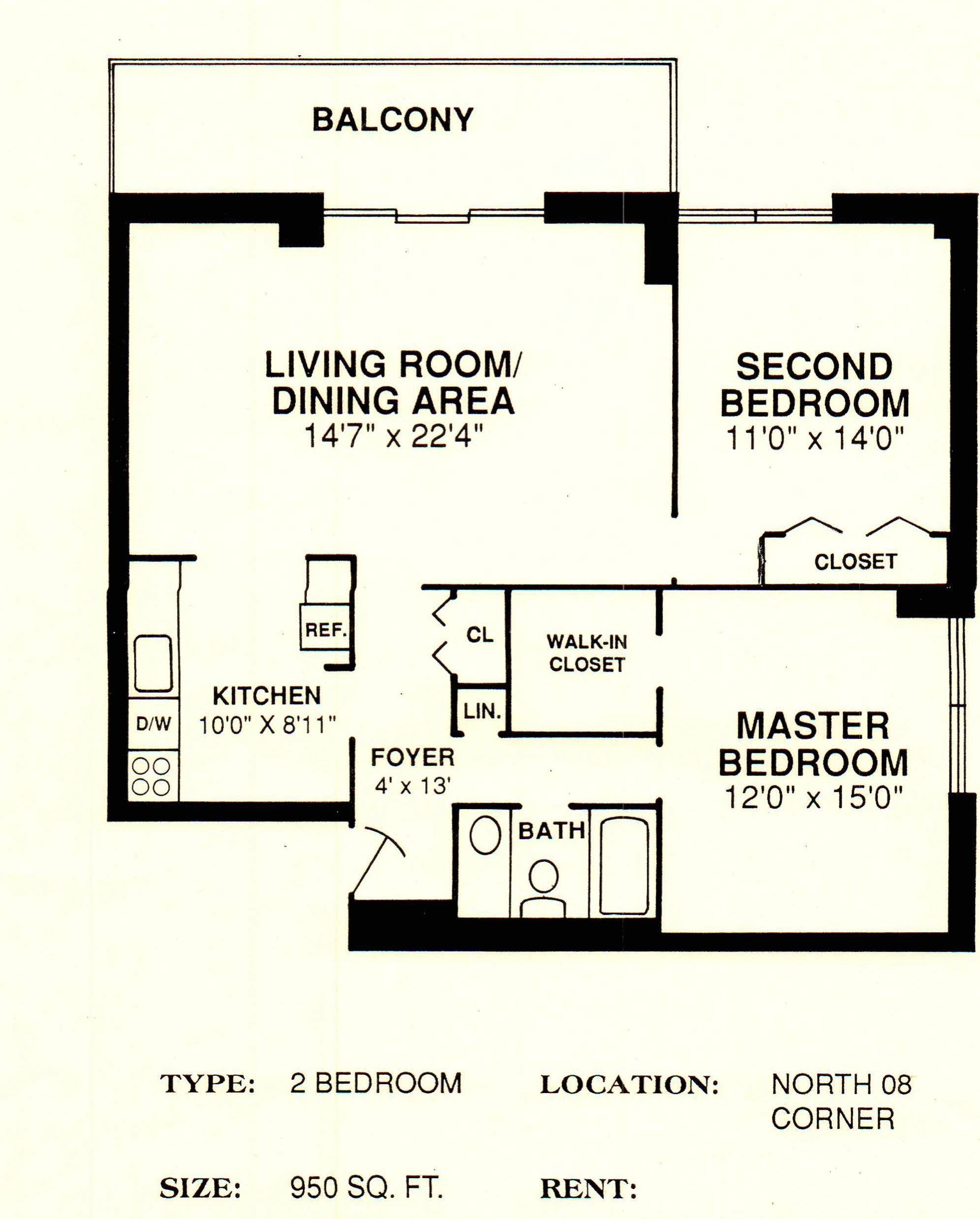 North 08 corner 950 sq. ft. 2 bedroom/1bathroom Closet