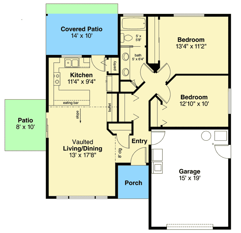 Small 2Bed House Plan with Vaulted Living Area 72916DA