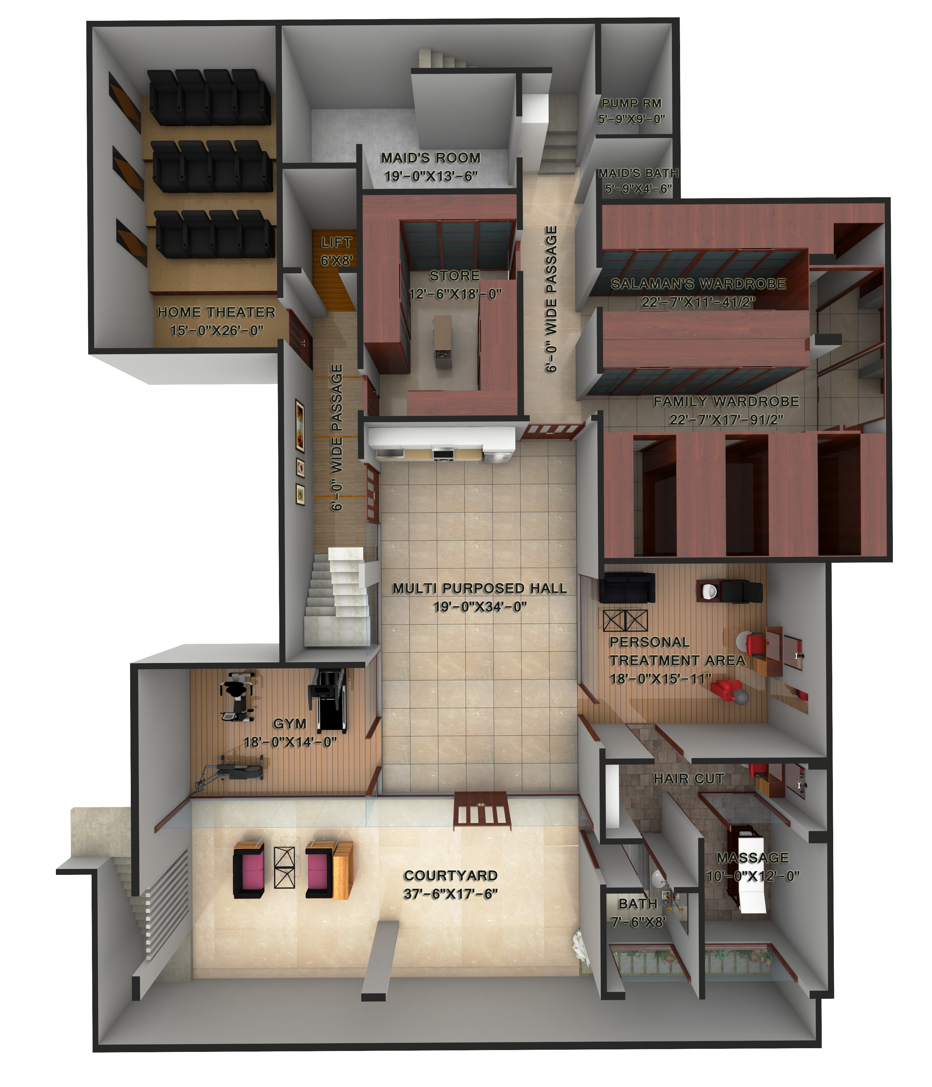 SketchUp + Vray Maids room, Multi purpose hall, Floor plans