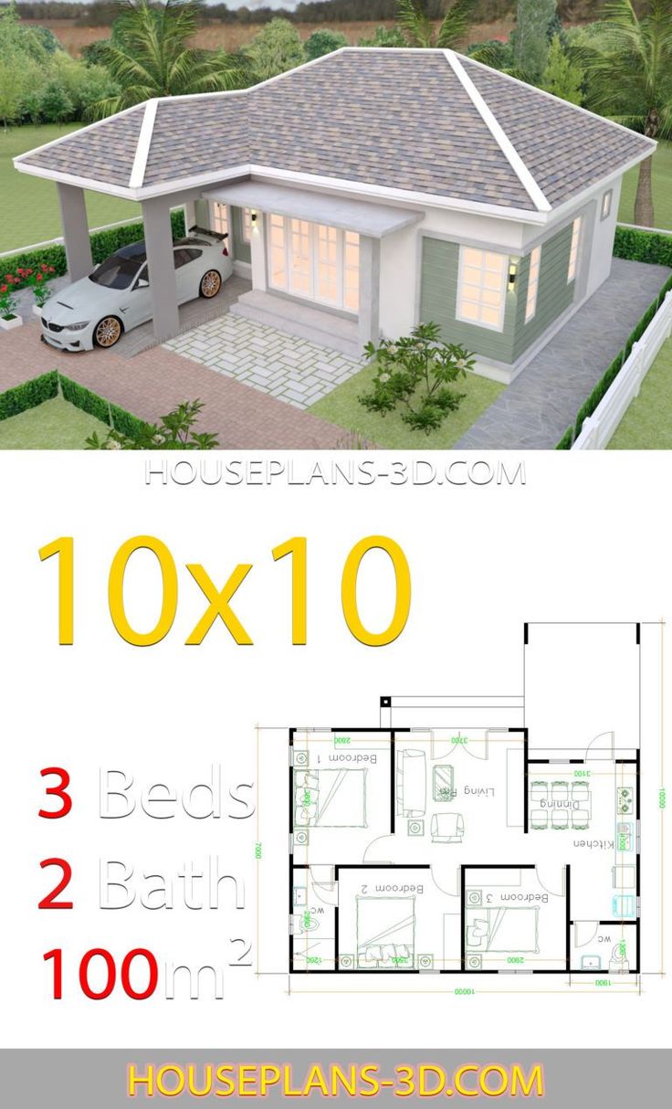 House Design 10x10 with 3 Bedrooms Hip roof House Plans