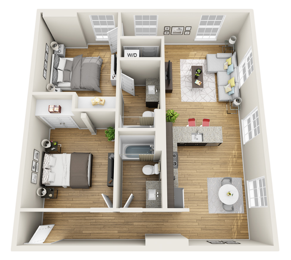Magnolia Loft 3D Floor Plan Apartment layout, 2 bedroom