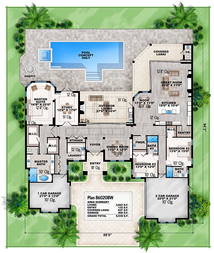 Florida House Plan with Open Layout 86020BW