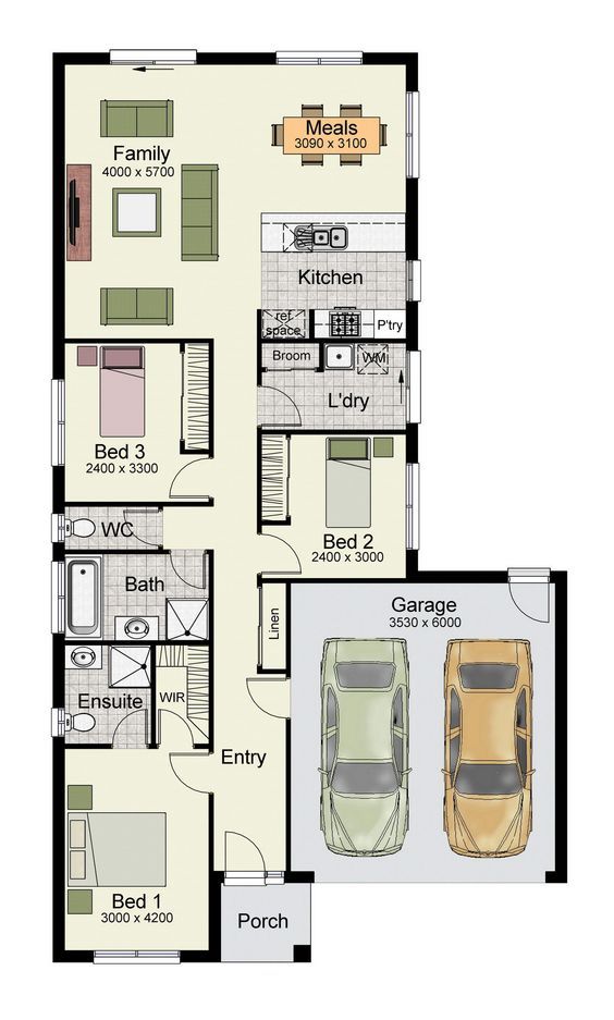 Single story home floor plan with 3 bedrooms, double
