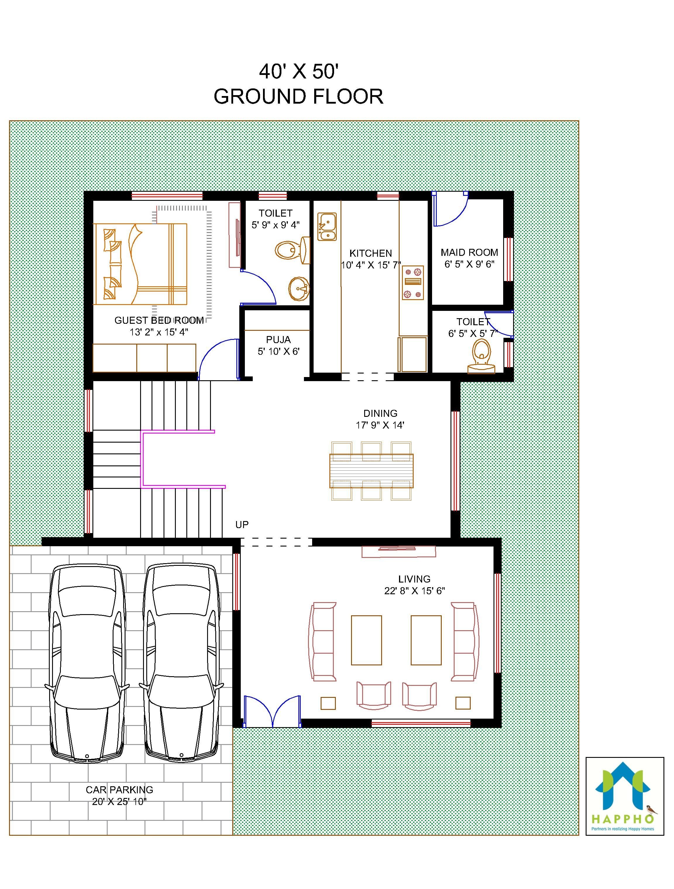 Floor Plan for 40 X 50 Plot 3BHK (2000 Square Feet/222