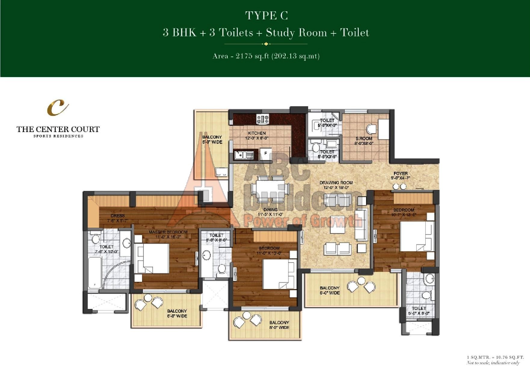 Ashiana Landcraft Center Court Floor Plan 3 BHK + Study