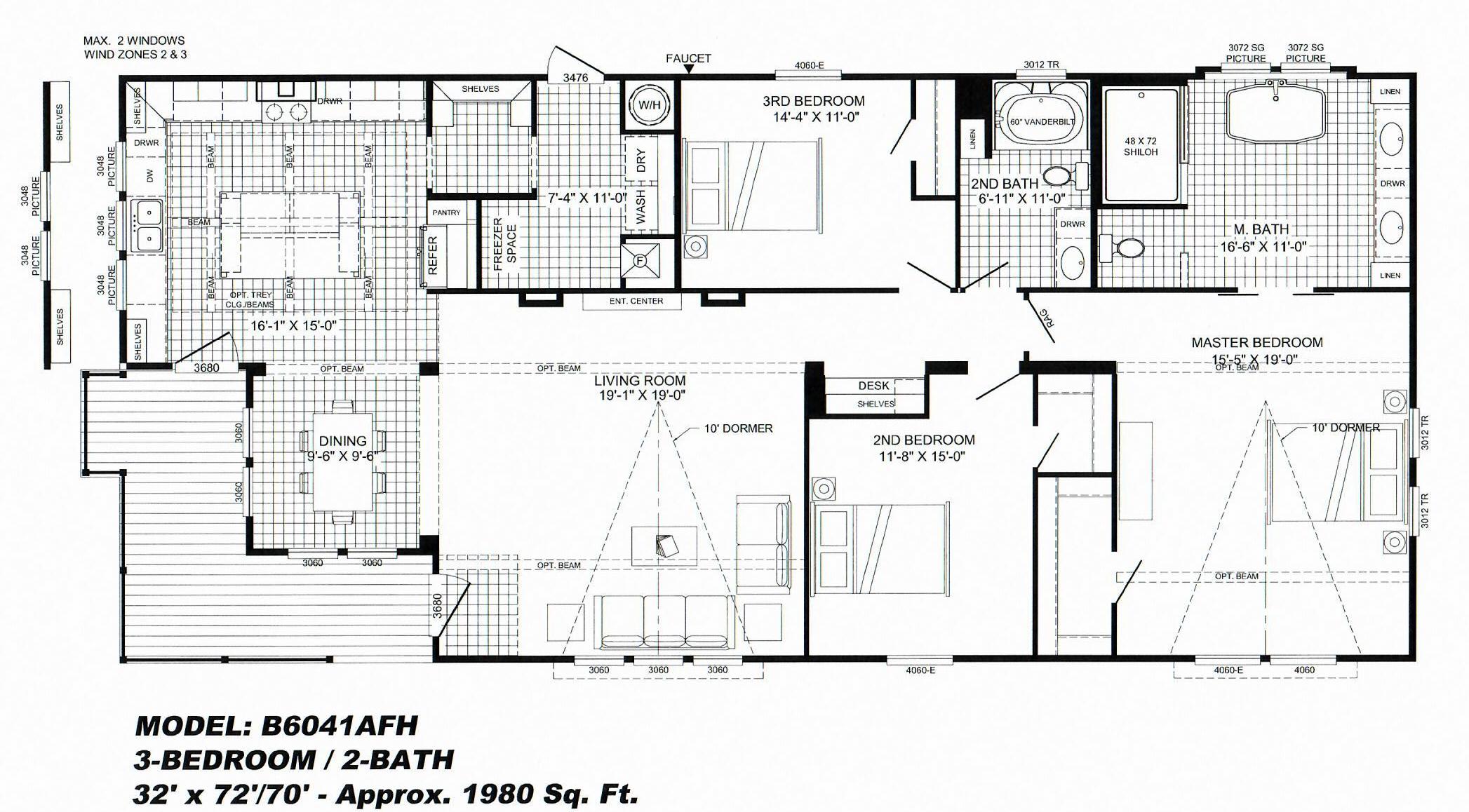3 Bedroom Floor Plan B6041 "LulaMae" Hawks Homes