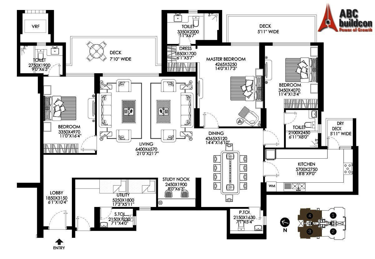 DLF Crest Floor Plan 3 BHK + S.R + Study 3087 Sq. Ft