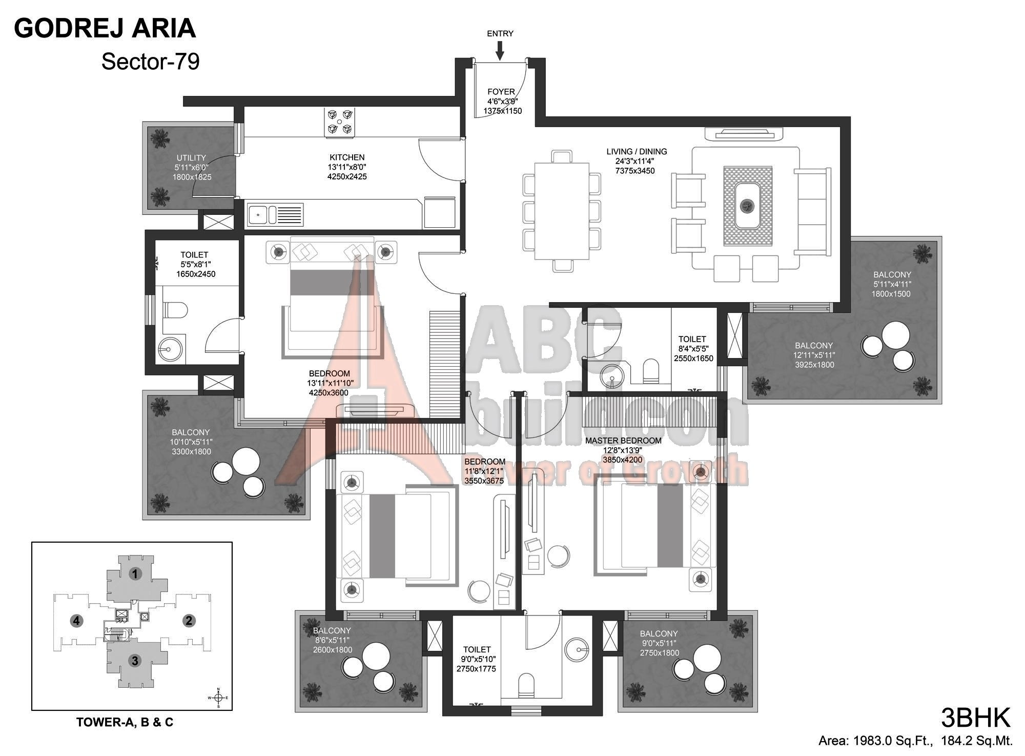 Godrej Aria Floor Plan 3 BHK 1983 Sq. Ft. FloorPlan.in