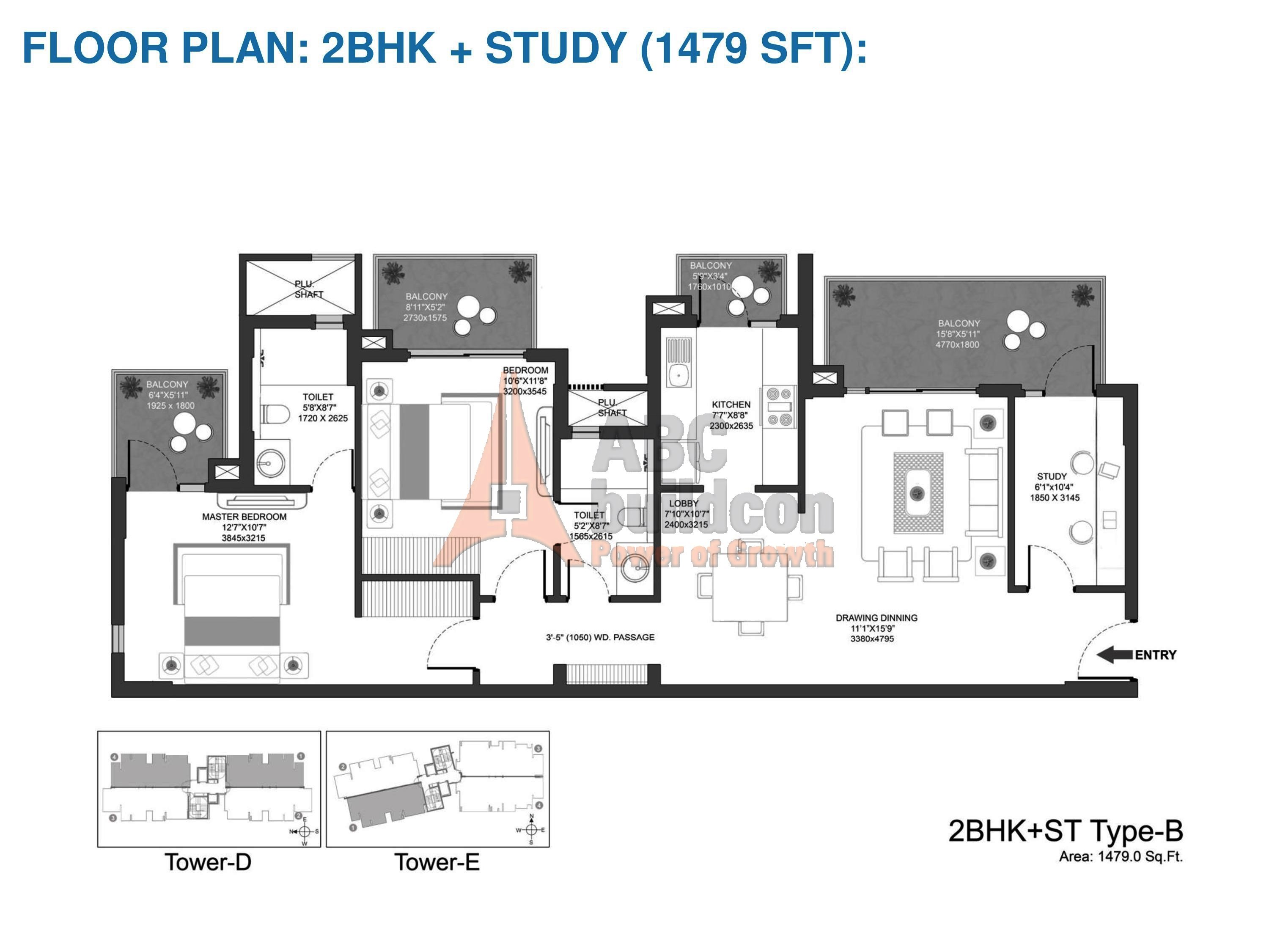 Godrej Oasis Floor Plan 2 BHK + Study 1479 Sq. Ft
