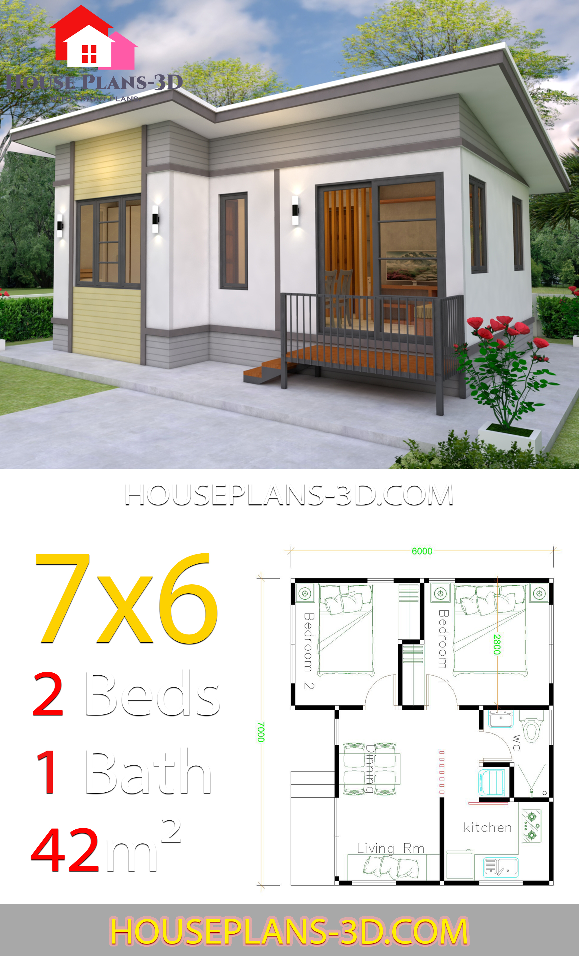 Small House plans 7x6 with 2 Bedrooms House Plans 3D
