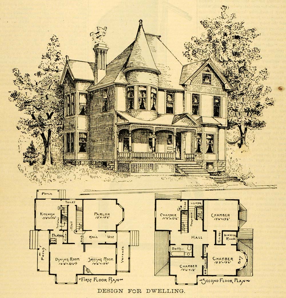 1891 Print Home Architectural Design Floor Plans Victorian