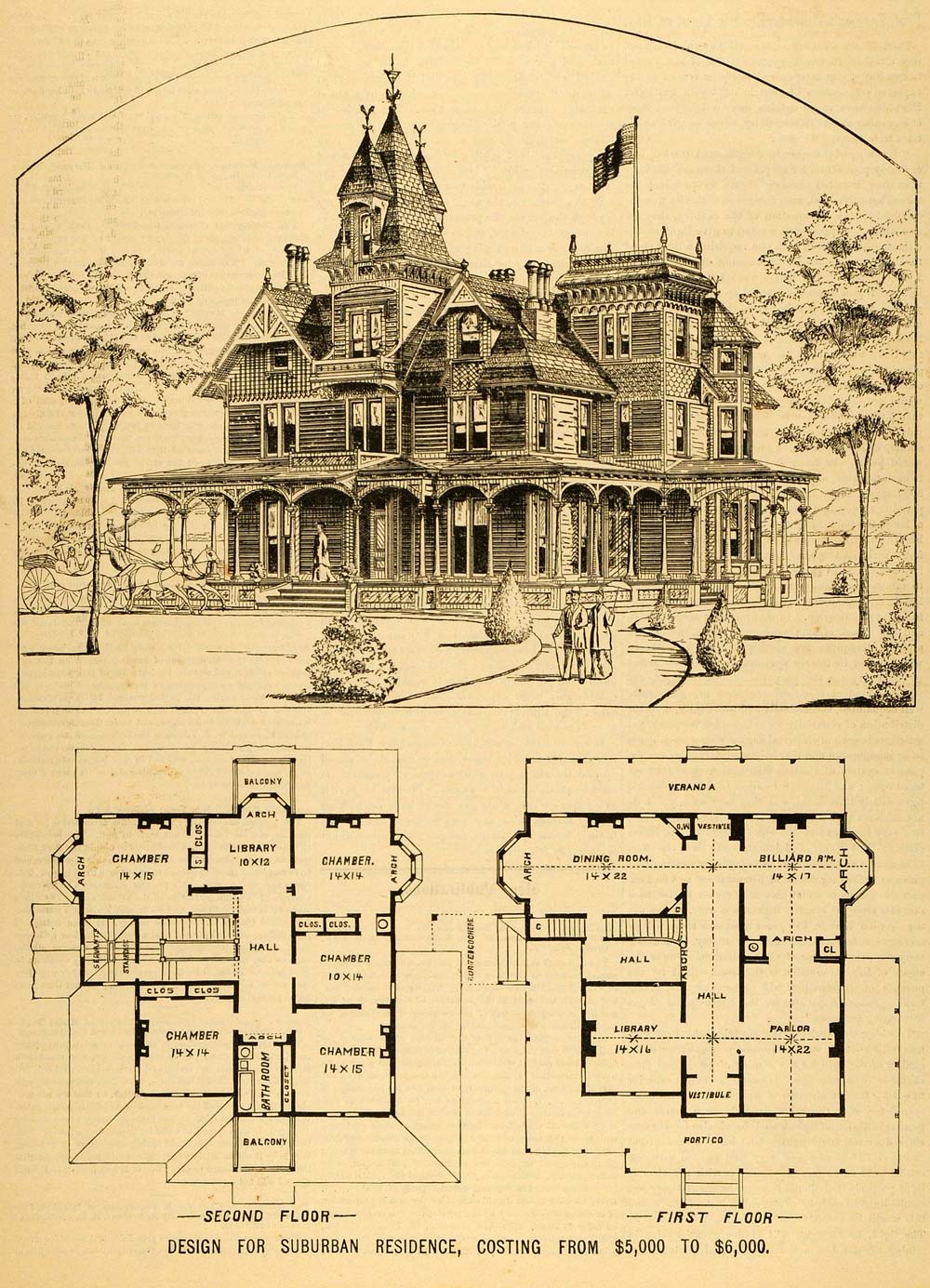 1879 Print Victorian House Architectural Design Floor