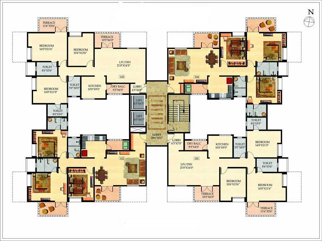 MultiFamily Large House Floor Plans Colored Layout