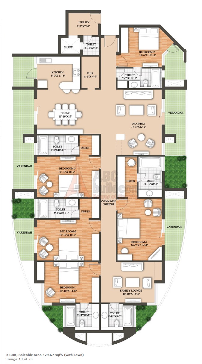 Raheja Revanta Floor Plan 5 BHK + Utility + F.L + Pooja