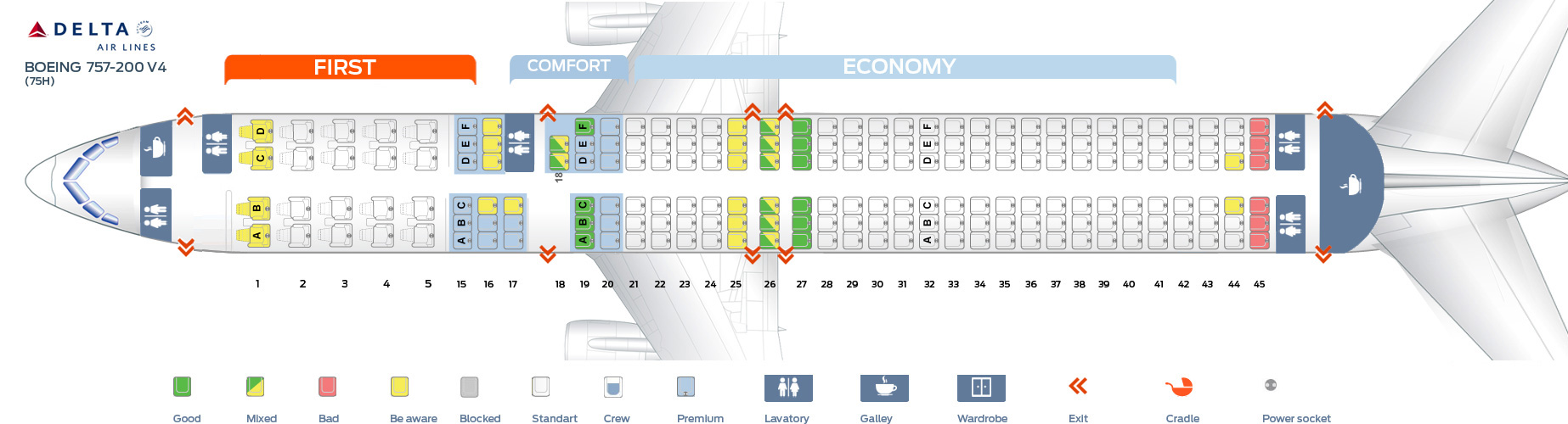 Seat map Boeing 757200 Delta Airlines. Best seats in plane