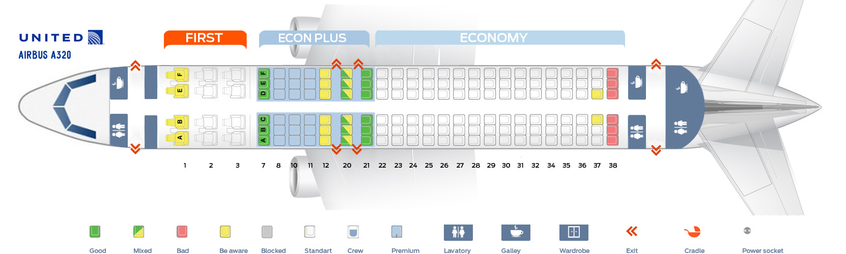 Seat map Airbus A320200 United Airlines. Best seats in plane