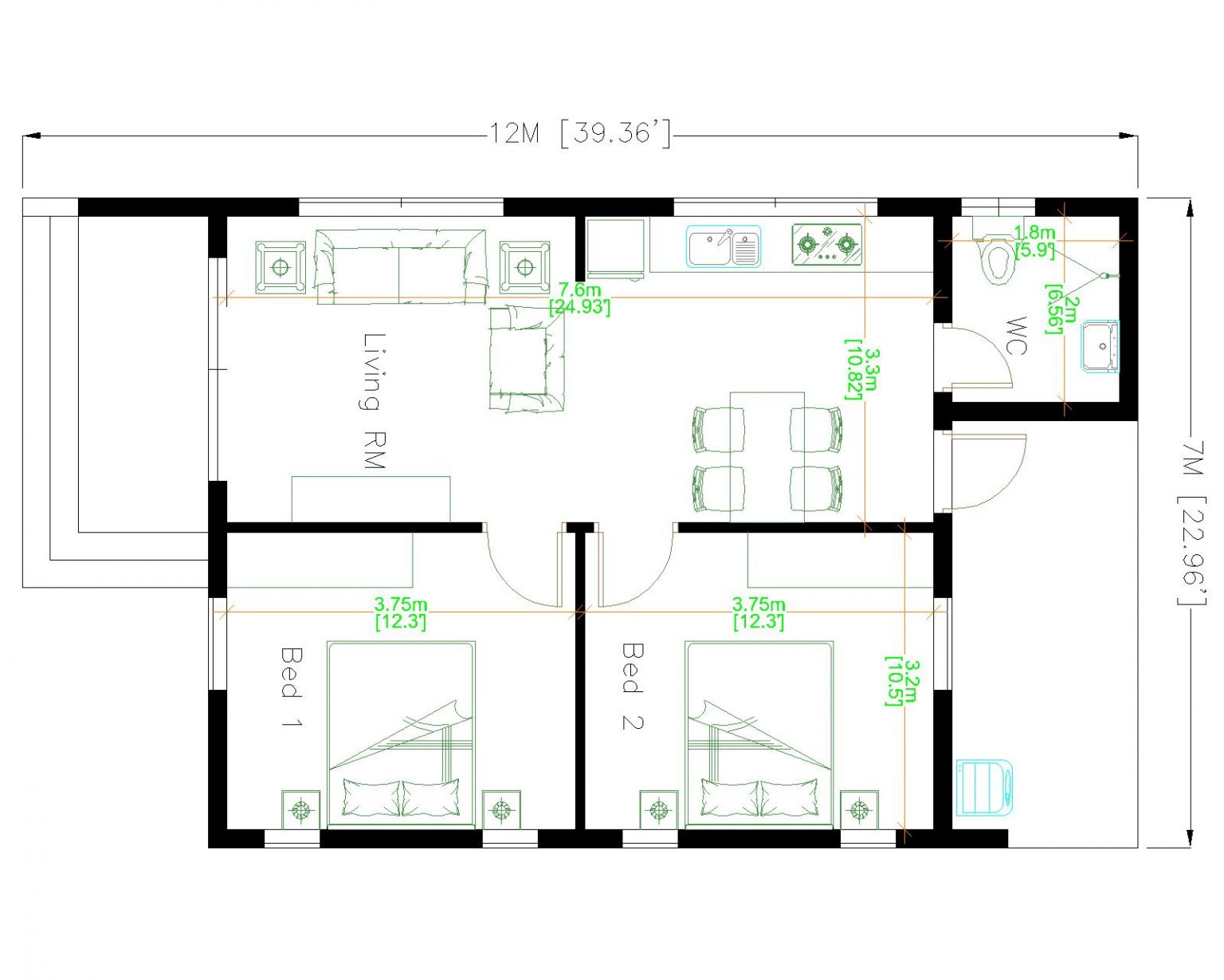 Small Family House 7x12 Meter 23x40 Feet 2 Beds Pro Home