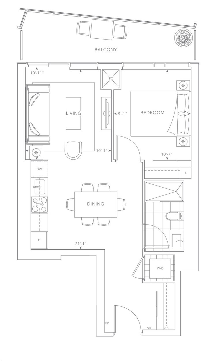 The Well Condos 3 by Tridel 1D Floorplan 1 bed & 1 bath